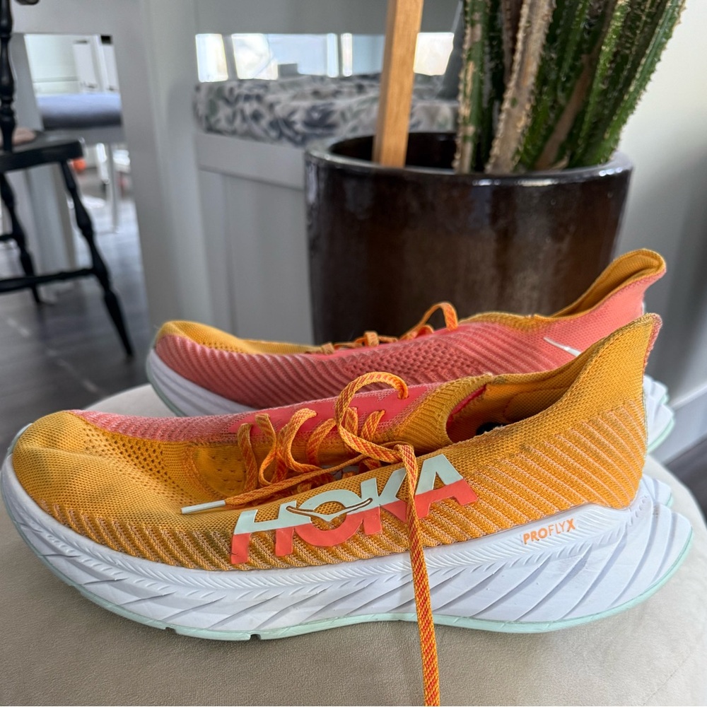 Hoka Vibrant Orange and Pink Carbon X